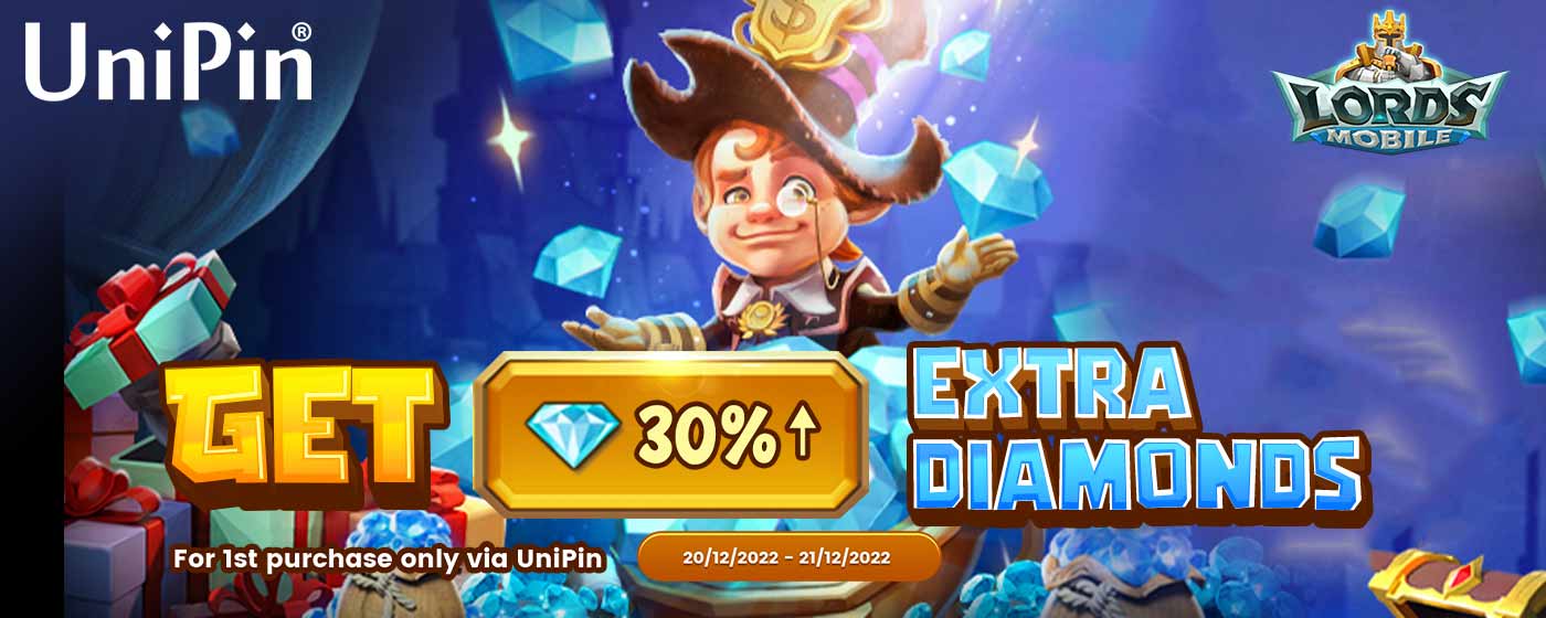 Lords Mobile diamond 30% bonus! For 1st purchase only via UniPin